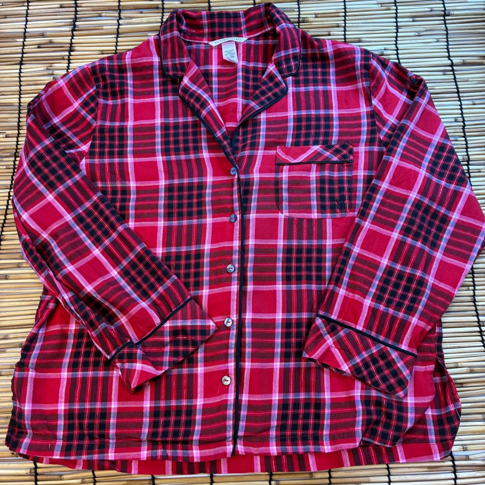 Victoria's Secret Red Plaid Lurex Pajama Top Women M Button Down Sleep Shirt